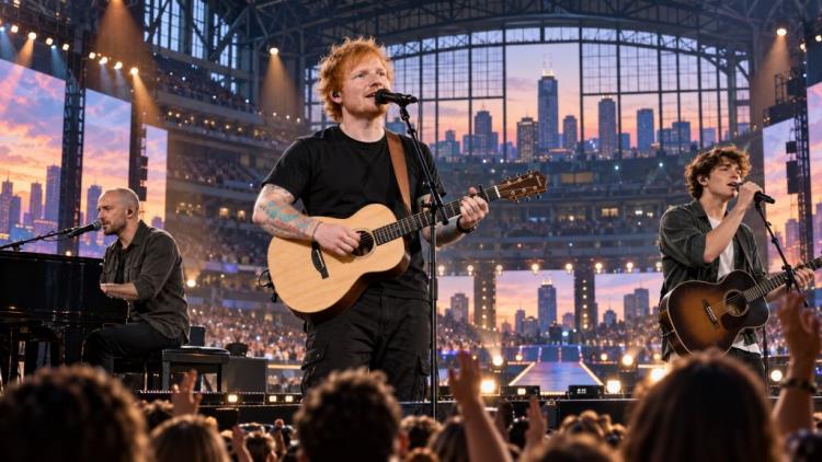 KI-Illustration: Ed Sheeran in Indianapolis mit neuen Voracts: Isaac Slade und Brooks Rosser für Konzert am 10. Oktober