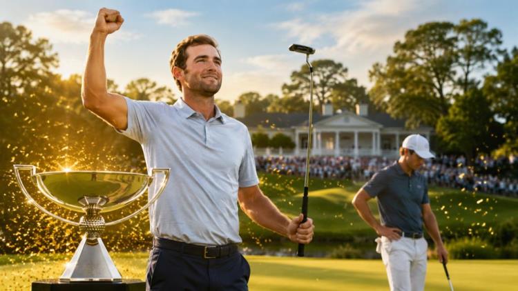 KI-Illustration: Scheffler gewinnt zweiten FedEx Cup und überholt Tiger Woods beim PGA-Tour-Preisgeldrekord in Atlanta
