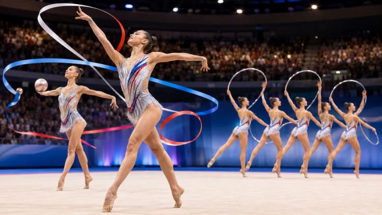AI ilustracija: Povratak ruskih ritmičkih gimnastičarki na Svjetsko prvenstvo nakon pet godina, bez zastave i himne u Frankfurtu