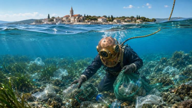 AI illustration: Kristijan Curavić plans 30-hour underwater cleanup on Krapanj in Croatia with a world record attempt
