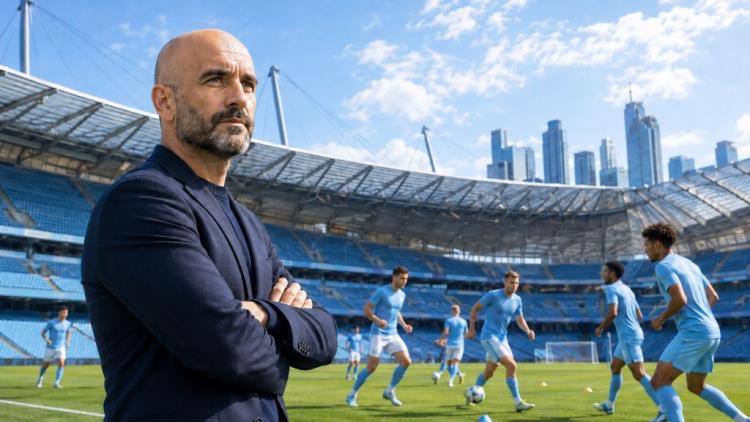 ilustracja AI: Enzo Maresca na ławce Manchester City: trudna era po Guardioli i ugoda z Chelsea na Etihad Stadium po sezonie
