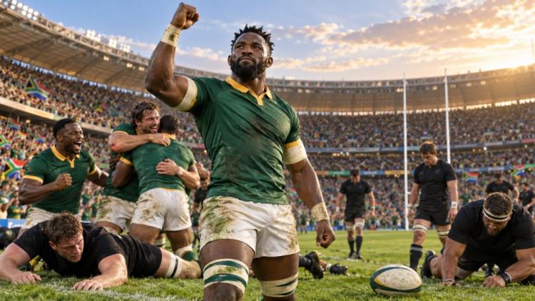 ilustracja AI: RPA pokonała All Blacks 29:24, Siya Kolisi ustanowił rekord kapitański, a Springboks objęli prowadzenie 2:1
