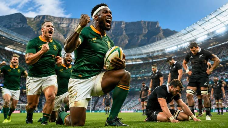 ilustración con IA: Los Springboks vencen 33-26 a los All Blacks en Ciudad del Cabo e igualan la gran serie de rugby 1-1