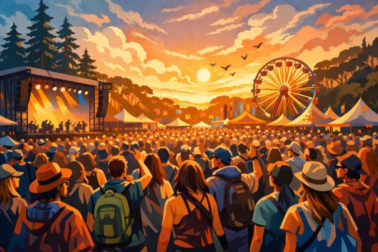AI illustration: Tickets for Outside Lands San Francisco tickets for three days of music, food, culture and nightlife in Golden Gate Park — Bill Graham Civic Auditorium, San Francisco — Friday, 7 August 2026