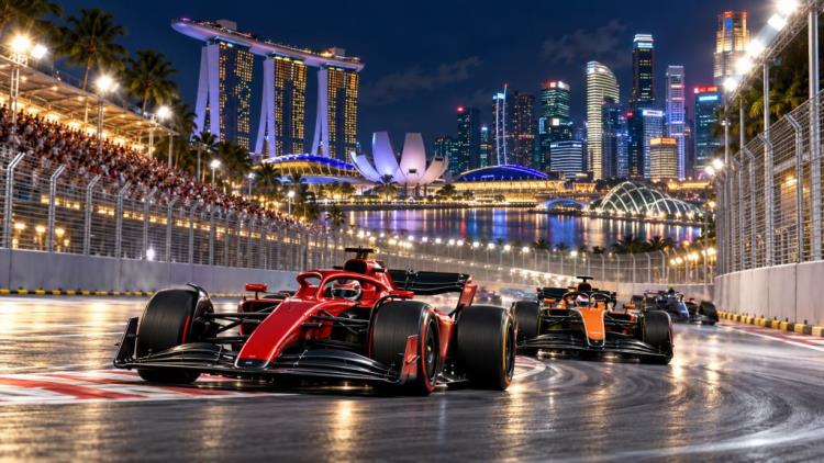KI-Illustration: Singapore Grand Prix 2026: Sprint-Wochenende in Marina Bay vom 9. bis 11. Oktober, Nachtrennen am Sonntag