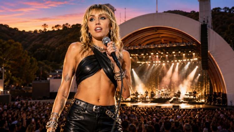 KI-Illustration: Miley Cyrus mit "Bass Persuades" und großem Konzert-Comeback in der Hollywood Bowl von Los Angeles im Oktober