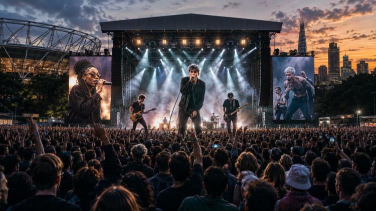 KI-Illustration: Fontaines D.C. kündigen größte UK-Shows 2027 mit Little Simz und Viagra Boys in Stadien und Parks an