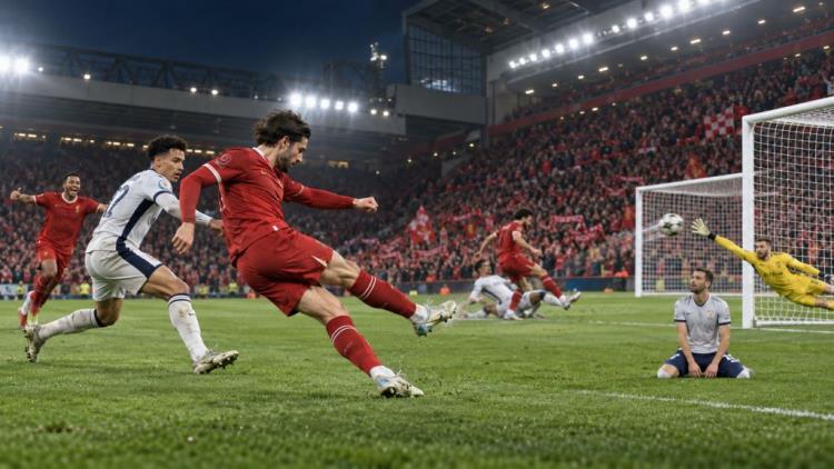 AI illustration: Liverpool knock Tottenham out of Carabao Cup 3-1 as Szoboszlai seals Anfield win with stunning long-range strike