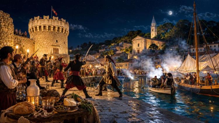 KI-Illustration: Piratenabend in Veli Lošinj: Hafenschlacht, lokale Küche, Livemusik und Seefahrtsgeschichte am 22. August