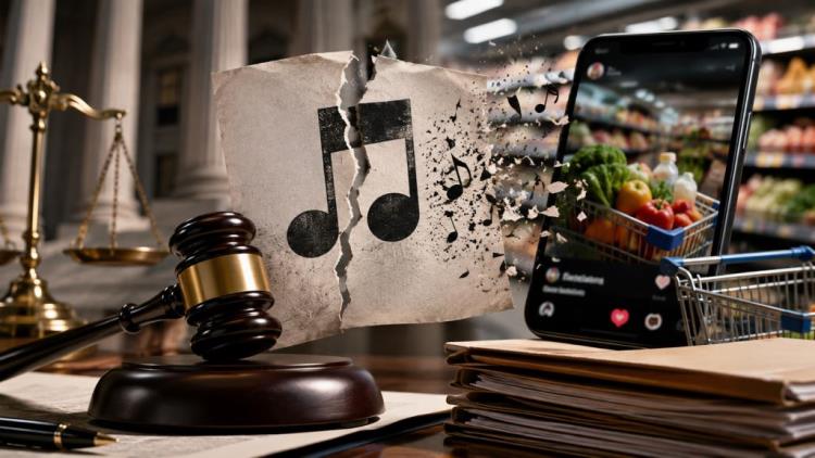 illustration IA: Sony Music contre Kroger: litige sur 392 usages présumés sans licence de chansons dans des publicités sociales