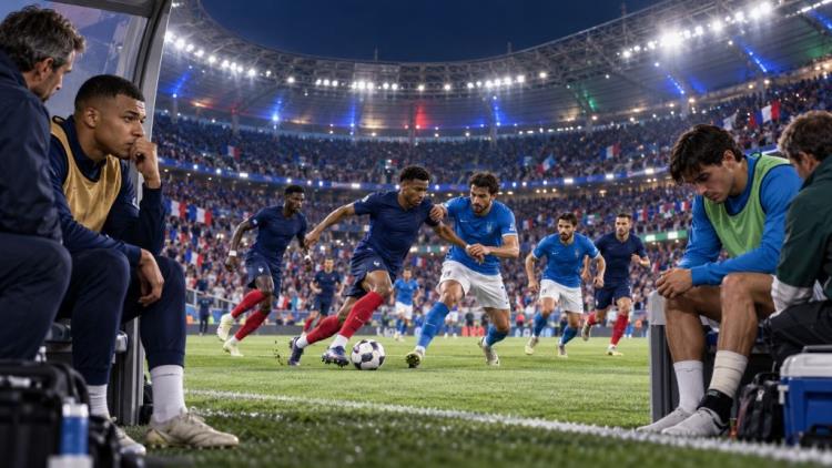 illustration IA: France - Italie sans Mbappé ni Raspadori : grand choc de Ligue des nations au Stade de France à Saint-Denis
