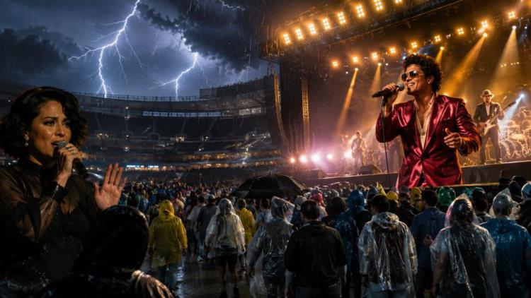 KI-Illustration: Gewitter stoppt RAYE in Philadelphia, Bruno Mars startet spät bei der Stadiontour 'The Romantic Tour'