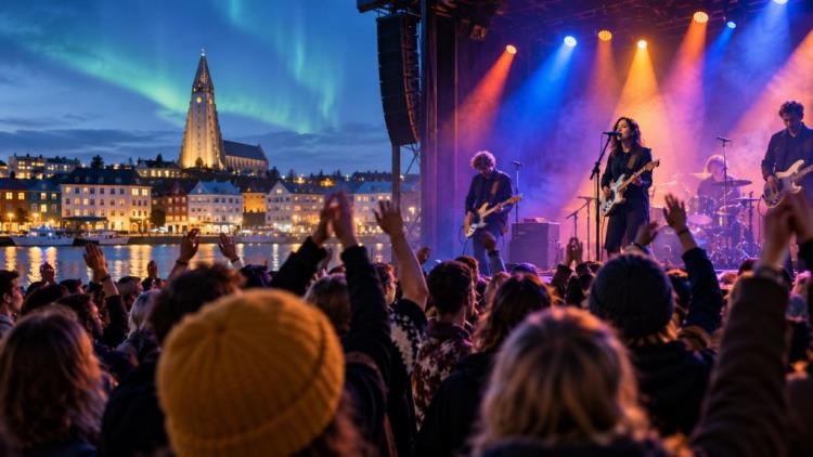 KI-Illustration: Iceland Airwaves 2026 komplett: Cobrah, Warhaus, Leith Ross und 9m88 kommen im November nach Reykjavík