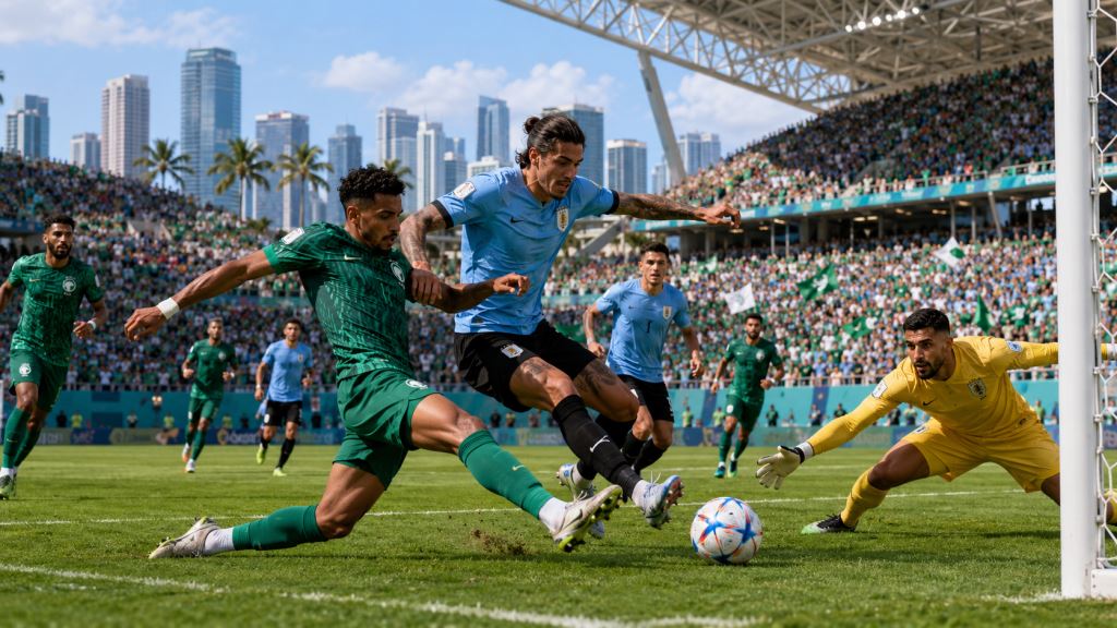 KI-Illustration: Saudi-Arabien stoppt Uruguay in Miami, Al-Owais prägt Remis bei der WM 2026 in Gruppe H im Hard Rock Stadium