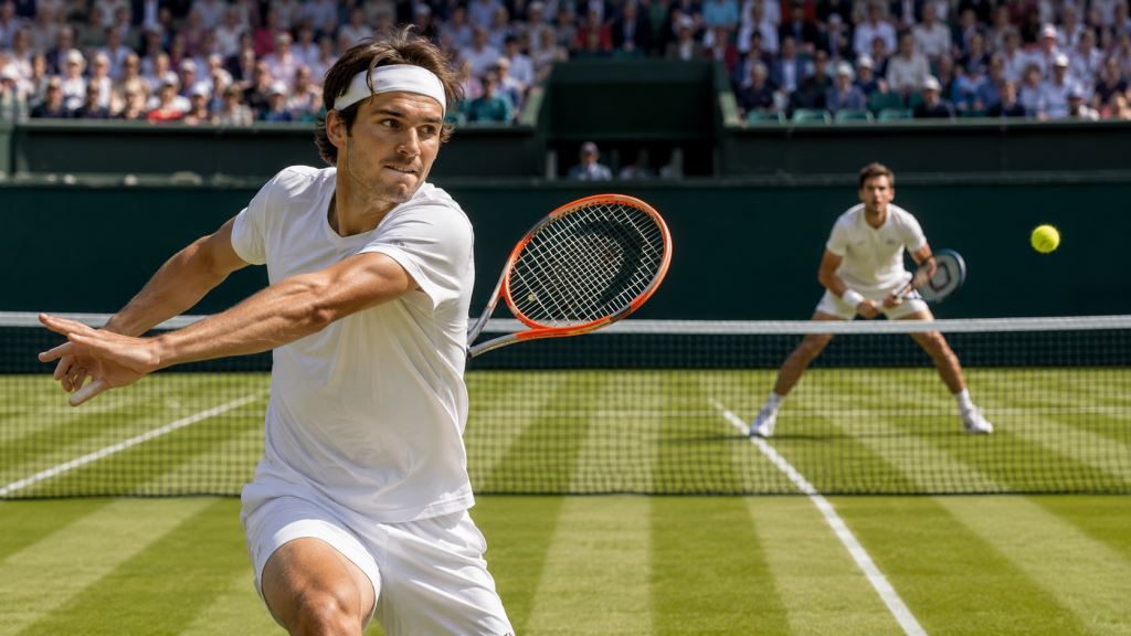 ilustracja AI: Taylor Fritz pokonał Fabiana Marozsana w Halle i awansował do ćwierćfinału ATP na trawie