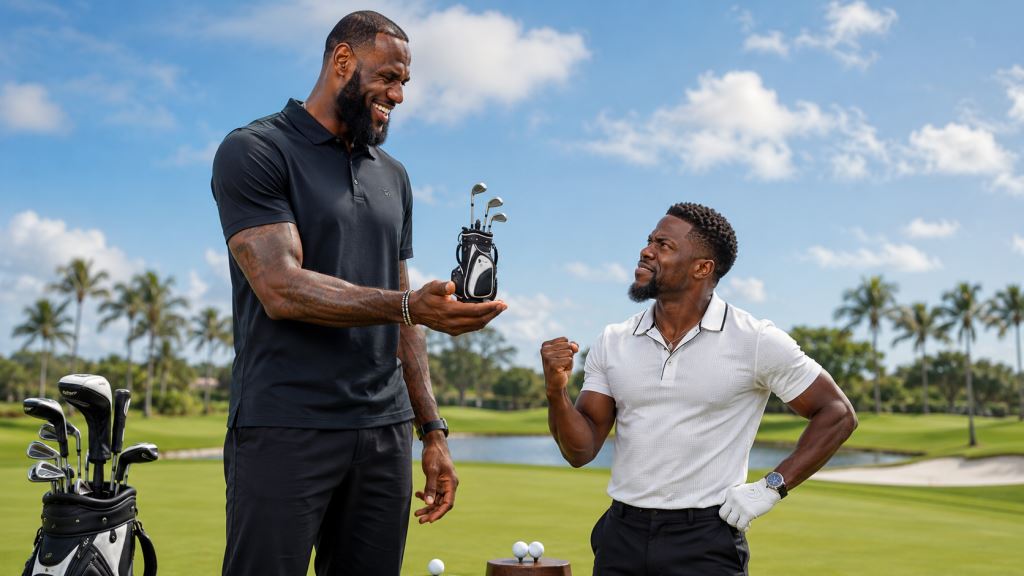 KI-Illustration: LeBron James und Kevin Hart machen Golfduell zu NBA-Humor, Mini-Schlägern und viraler Promi-Rivalität