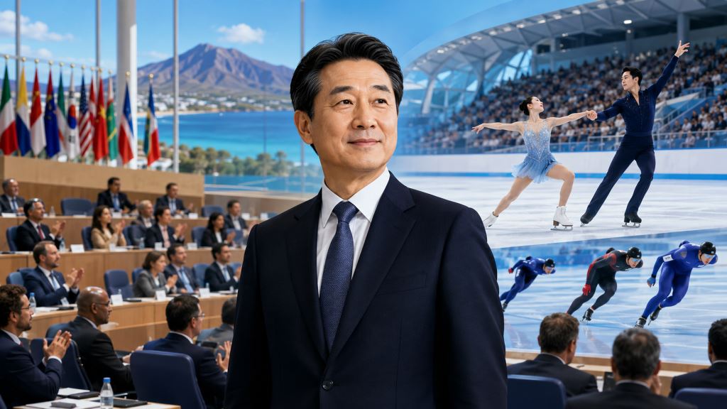 ilustración con IA: Jae Youl Kim sigue como presidente de la ISU hasta 2030 y Vision 2030 marca el rumbo del patinaje mundial