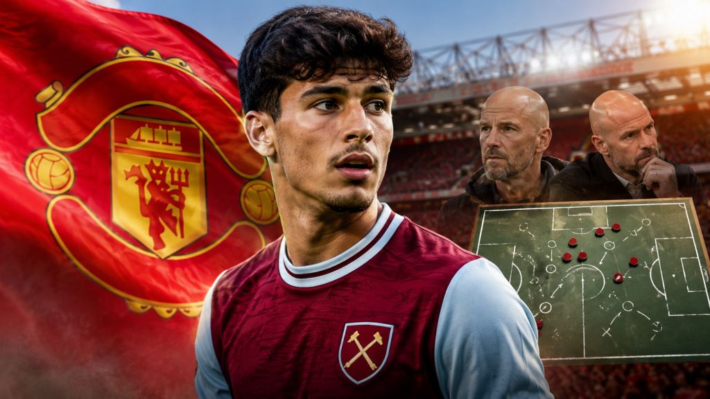 KI-Illustration: Manchester United vorn im Transferpoker um Mateus Fernandes nach West Hams Abstieg und 80-Millionen-Bewertung