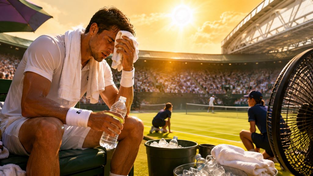 KI-Illustration: Extreme Hitze in Wimbledon 2026 und die Hitzepause als entscheidender Faktor für Spieler