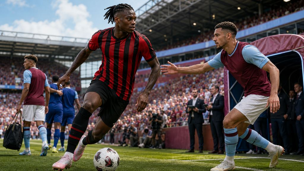 KI-Illustration: Aston Villa prüft Rafael Leão nach Rekordverkauf von Morgan Rogers an Chelsea als möglichen Toptransfer