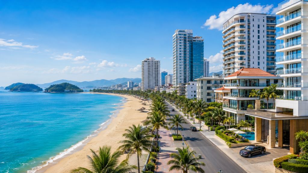 AI illustration: Nha Trang 2026 accommodation guide: hotels, apartments, beach areas, parking and practical city locations