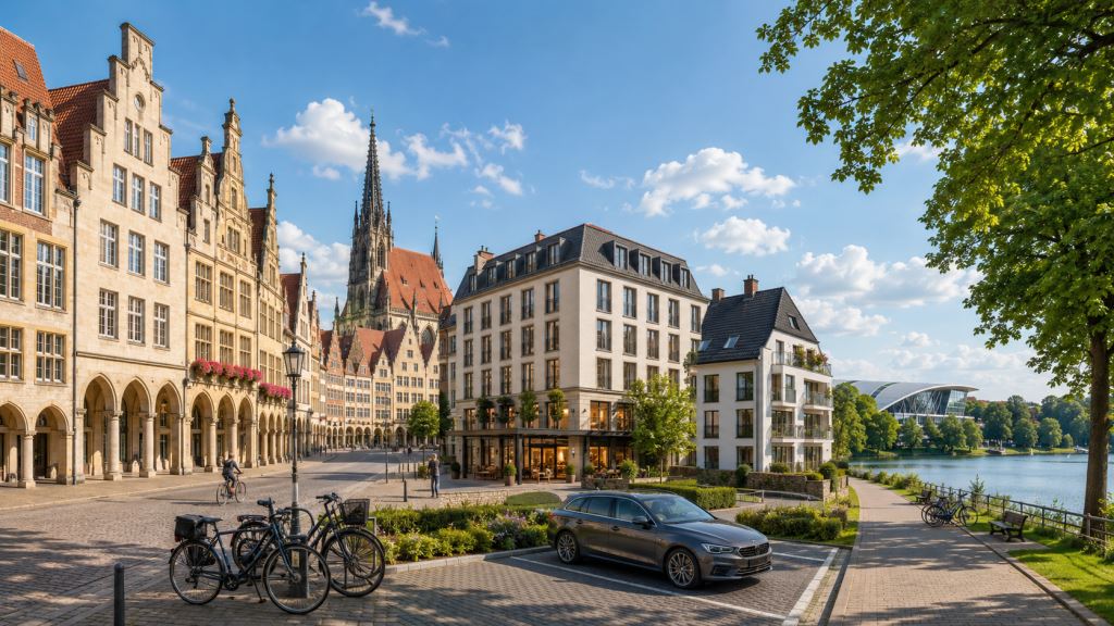 KI-Illustration: Munster 2026 Reiseführer: Unterkünfte, Hotels, Apartments, Lage, Parken, Preise und praktische Tipps