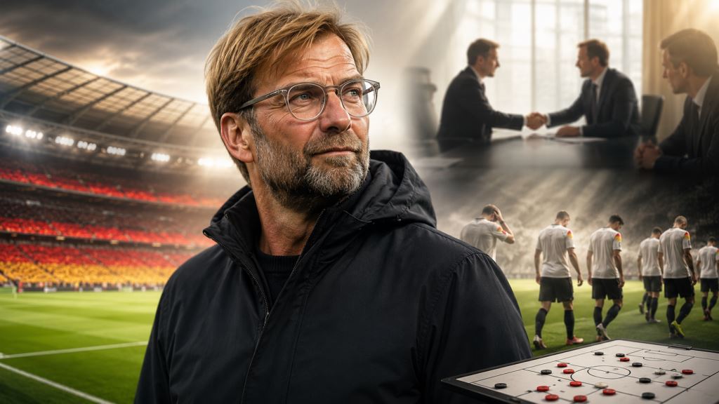 ilustración con IA: Klopp cerca del banquillo de Alemania: la DFB espera a Red Bull tras la salida de Nagelsmann y el Mundial