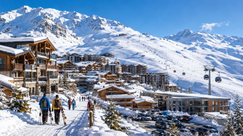 ilustracja AI: Alpe d'Huez 2026: noclegi, hotele, apartamenty, parking, dostęp do tras i najlepsze części całego kurortu