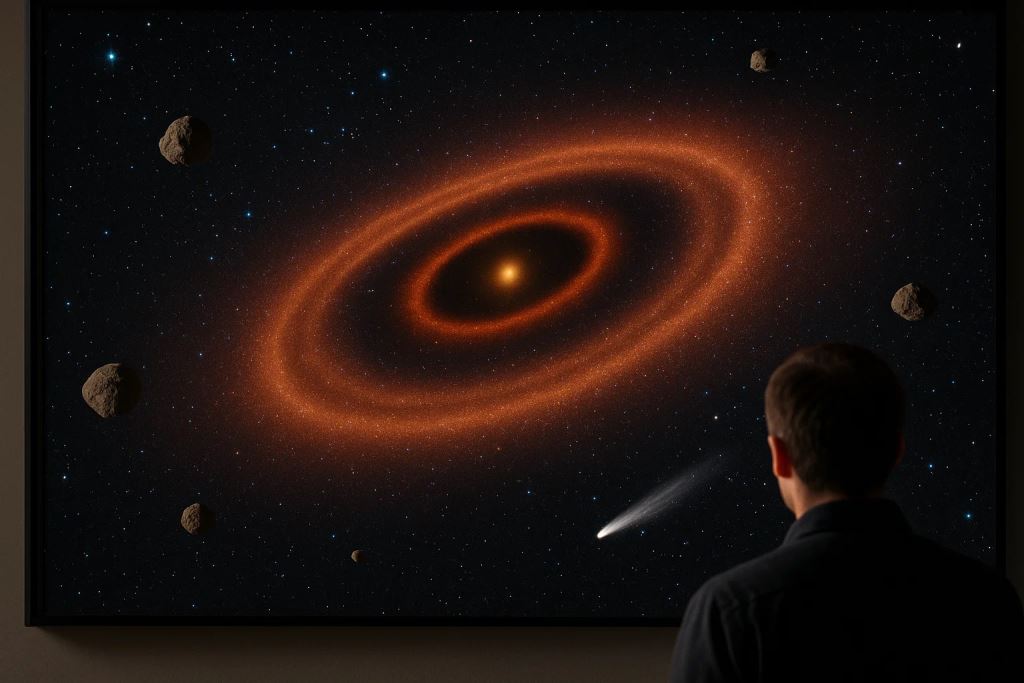 AI illustration: How SPHERE on the Very Large Telescope reveals asteroid and comet belts in young planetary systems