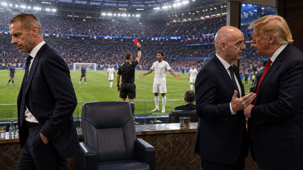 KI-Illustration: Čeferins Finalboykott verschärft den UEFA-FIFA-Konflikt um Balogun, Trump und politischen Einfluss im Fußball