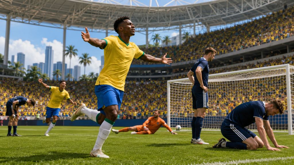 ilustración con IA: Brasil vence 3-0 a Escocia en Miami, liderato del grupo C e impulso hacia la fase eliminatoria de 2026