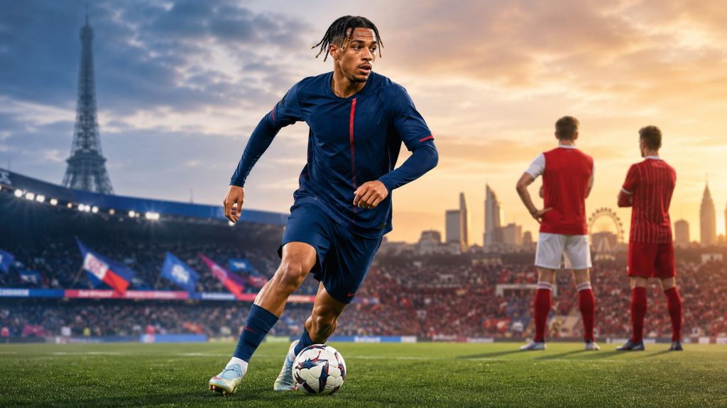 KI-Illustration: Bradley Barcola zwischen PSG und Premier League: Arsenal und Liverpool beobachten seine Transfersituation
