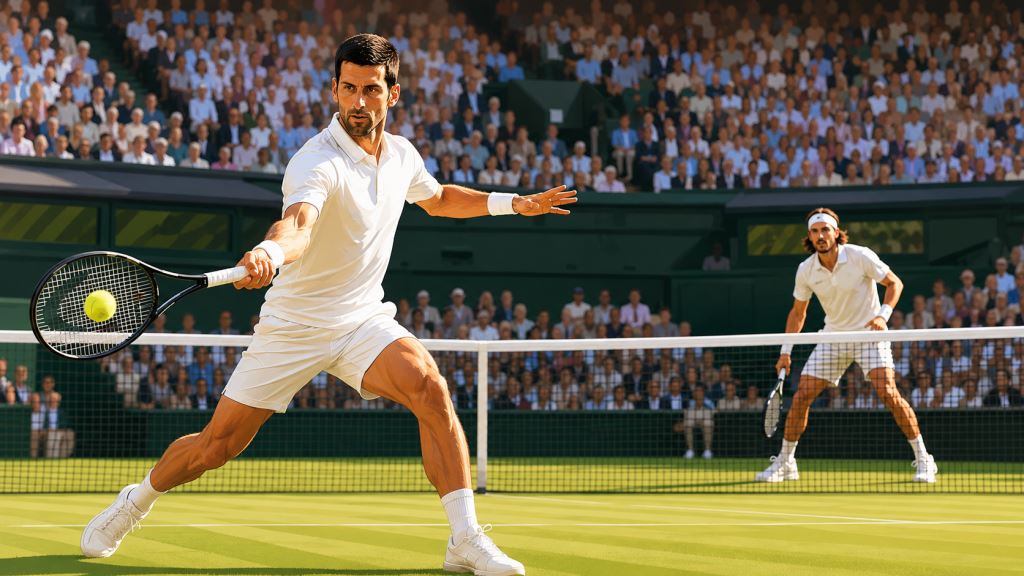 AI illustration: Đoković's straight-sets win over Tsitsipas at Wimbledon and third-round progress on Centre Court in London