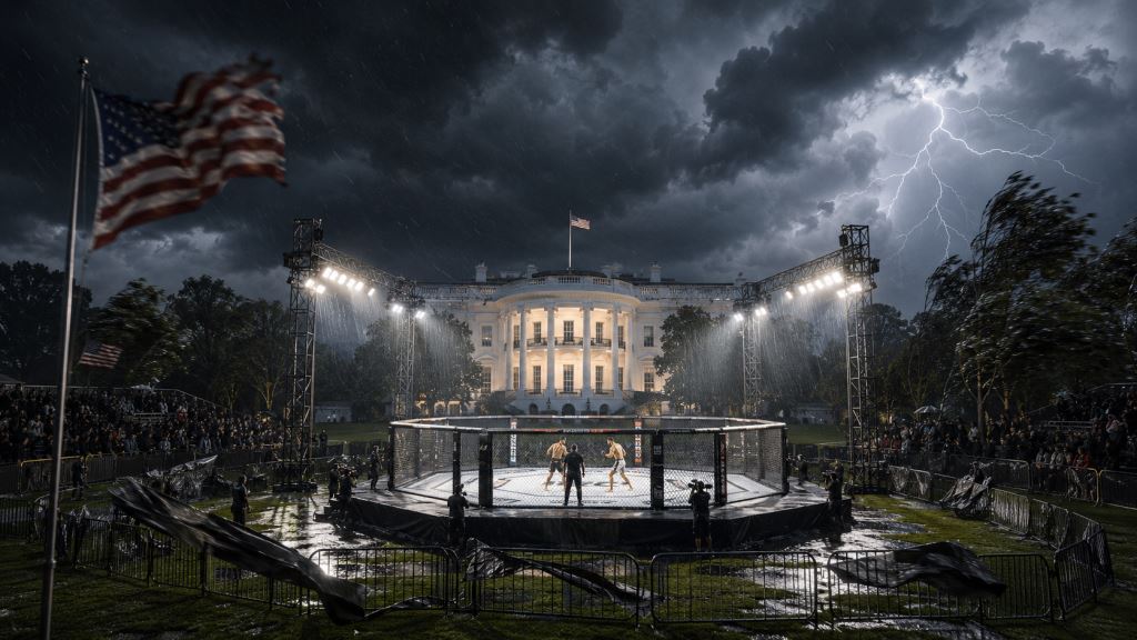 KI-Illustration: UFC Freedom 250 im Weißen Haus von Gewittern, Blitzen und schwülem Wetter in Washington bedroht