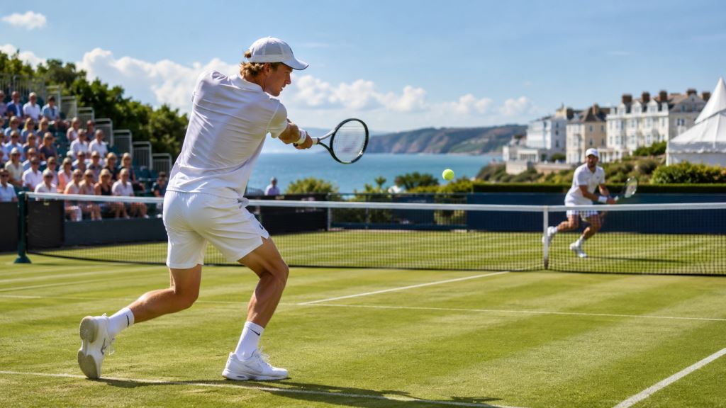 KI-Illustration: Brooksbys 7:5, 6:1 gegen Vukic als starker Auftakt auf Rasen in der ersten Runde von ATP Eastbourne 2026