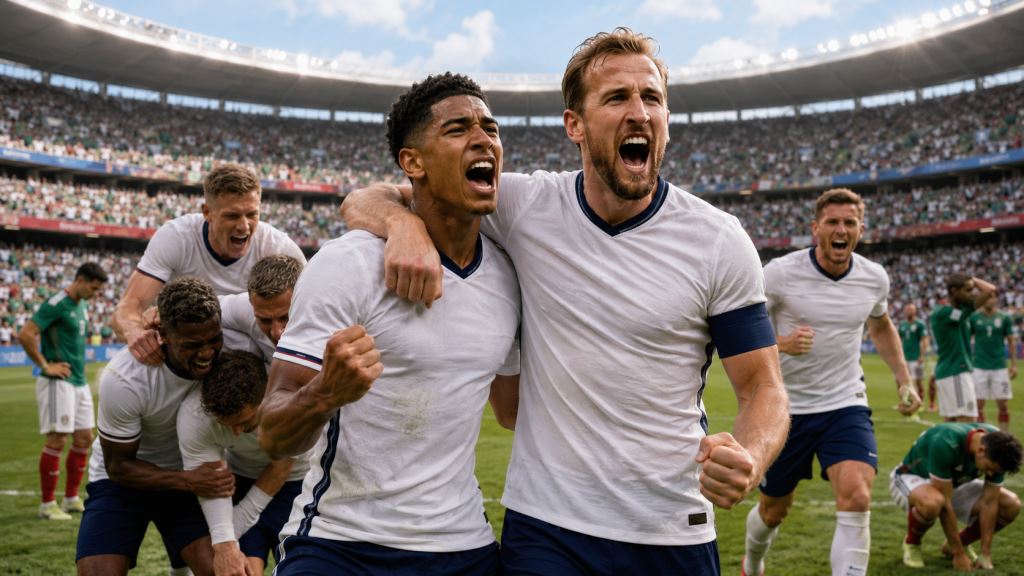 illustration IA: Bellingham et Kane portent l'Angleterre après le thriller face au Mexique avant le quart contre la Norvège