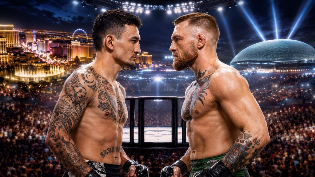 AI illustration: McGregor and Holloway before UFC 329: Las Vegas rematch, five-year comeback and stadium trilogy talk