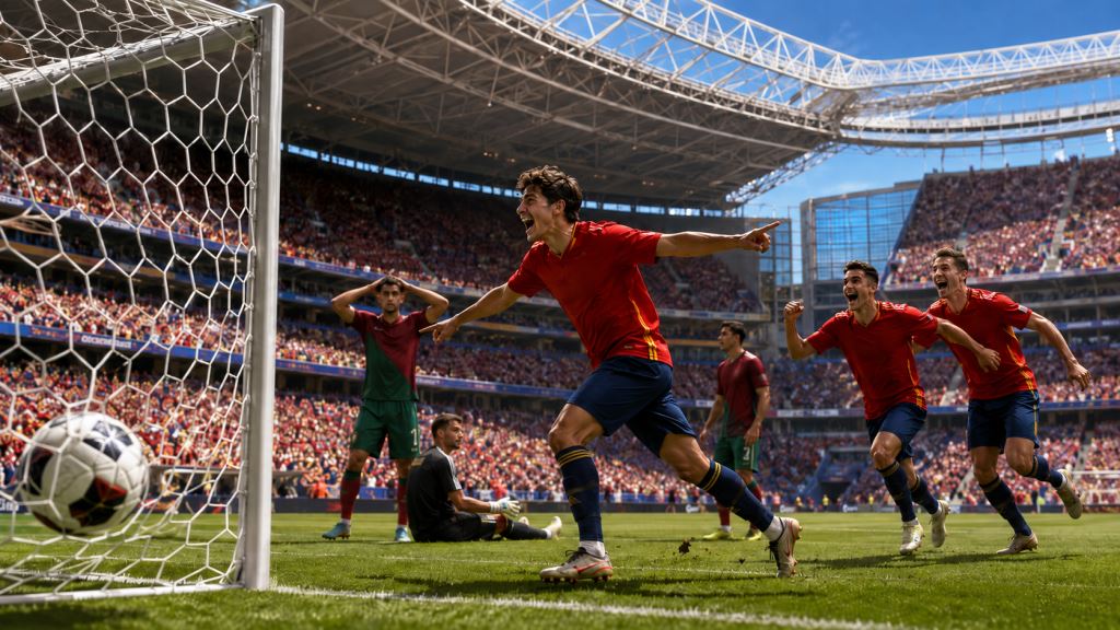 illustration IA: L'Espagne élimine le Portugal sur un but tardif en huitième de finale du Mondial 2026 à Arlington au Texas