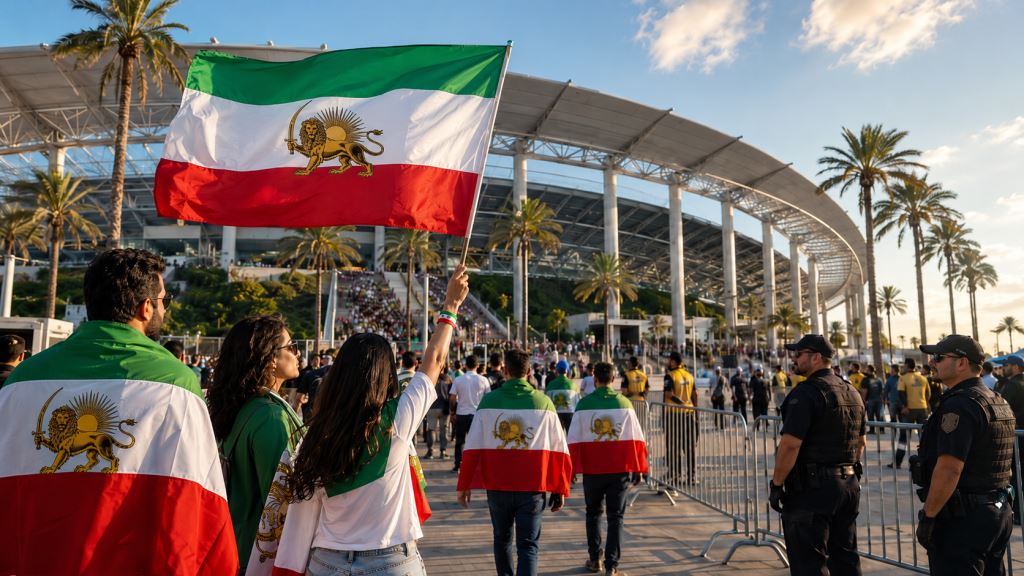 illustration IA: La FIFA sous pression au sujet du drapeau iranien au lion et au soleil avant le Mondial 2026 aux États-Unis