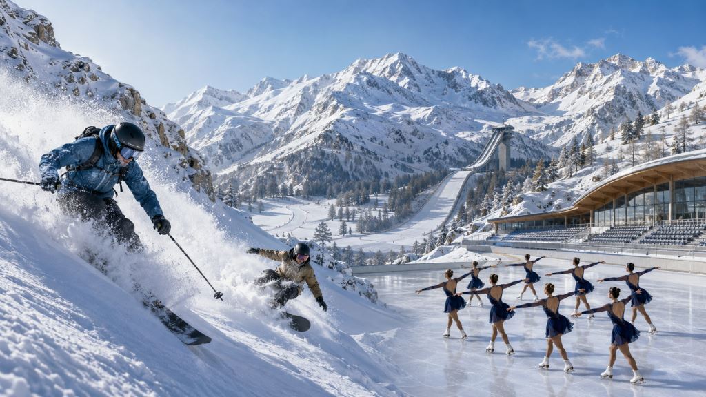 ilustración con IA: Alpes 2030 redefine el programa olímpico de invierno: sale la combinada nórdica, entran freeride y Synchro9