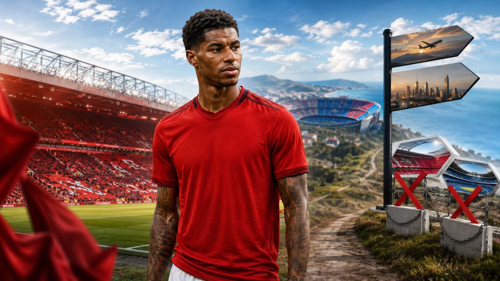 illustration IA: Marcus Rashford vers un départ de Manchester United avec clause de 40 millions de livres et rivaux bloqués