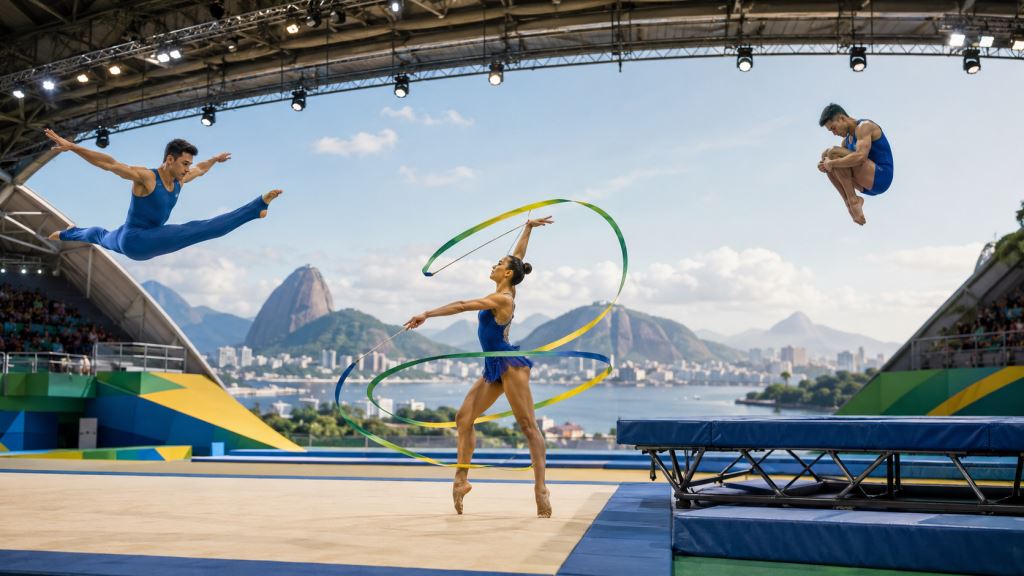AI illustration: Brazil 2028 at the center of senior Pan-American gymnastics and Olympic qualifying across three disciplines