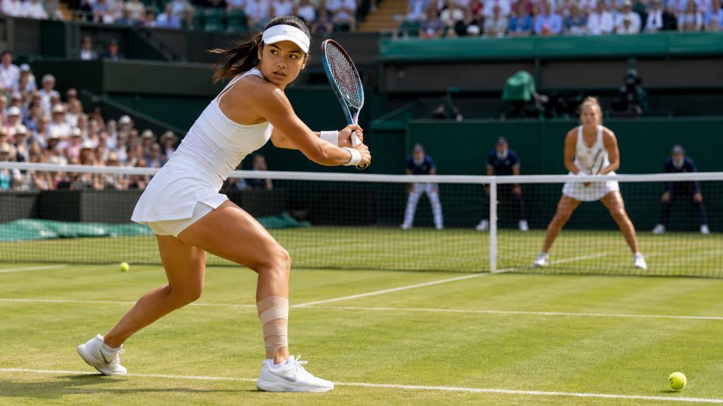 KI-Illustration: Emma Raducanu geht Wimbledon-Risiko ein: Beinverletzung und Antonia Ružić als Auftaktprüfung auf Rasen