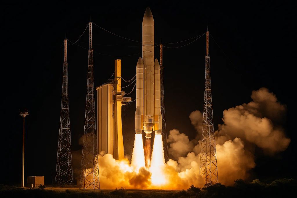 KI-Illustration: Start von MetOp-SG-A1: Revolution in der Wettervorhersage und Klimaüberwachung mit Copernicus Sentinel-5 und Ariane 6 Rakete
