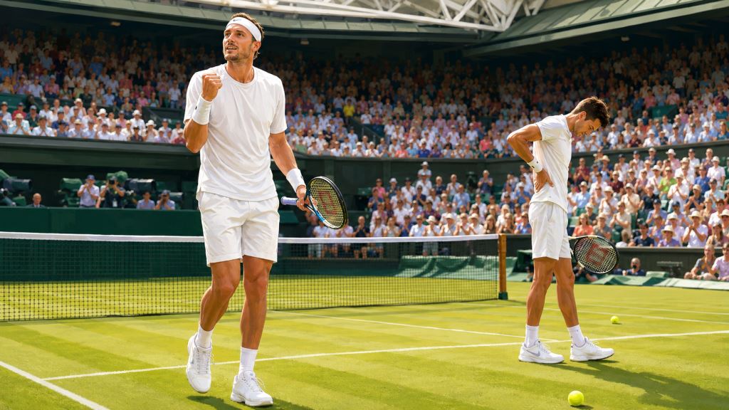 ilustración con IA: Struff alcanza su primer cuarto de Grand Slam tras el retiro de Hurkacz en dramático partido de Wimbledon