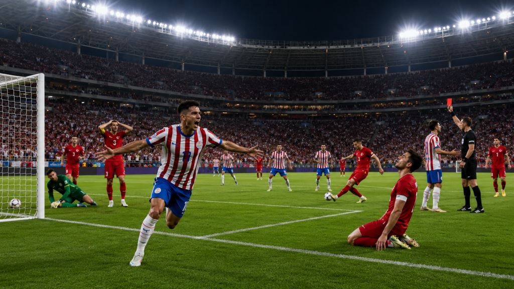 KI-Illustration: Türkei gegen Paraguay bei der WM 2026: Galarzas frühes Tor und Rote Karte in Santa Clara