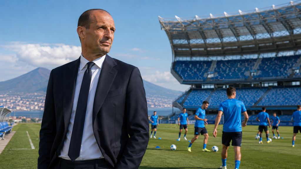 KI-Illustration: Massimiliano Allegri übernimmt SSC Napoli: Vertrag bis 2029, Serie A und Europas Test nach Conte-Ära
