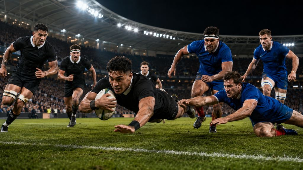 AI illustration: New Zealand 34-32 France thriller in Christchurch as Nations Championship opens a new global rugby era