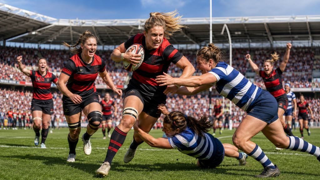 KI-Illustration: Saracens holen PWR-Titel mit 52:14 gegen Trailfinders und setzen ein klares Zeichen im Frauenrugby in London