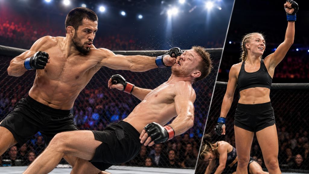 ilustración con IA: Nurmagomedov noqueó a Colgan y retuvo el título PFL, Ditcheva regresó con una victoria clara en Nueva York
